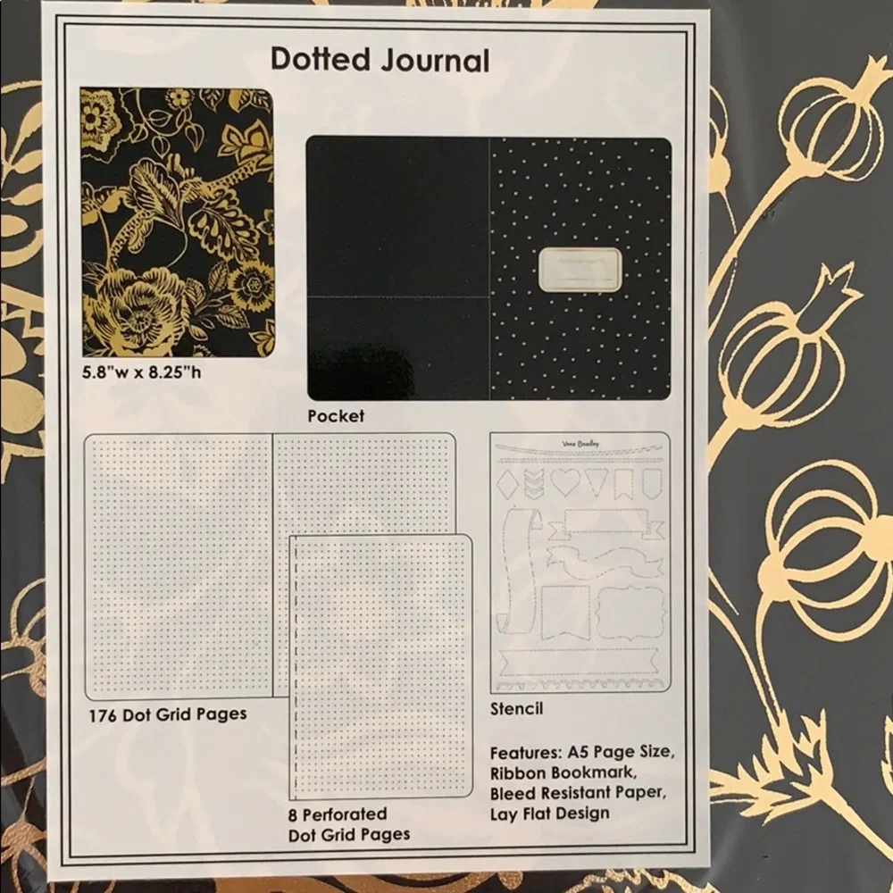 Vera Bradley Dotted Journal Vines Floral Black & Gold